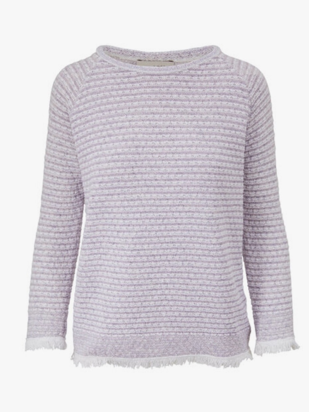 Kinross white + lilac Textured Crewneck cotton Sweater with fringe size small